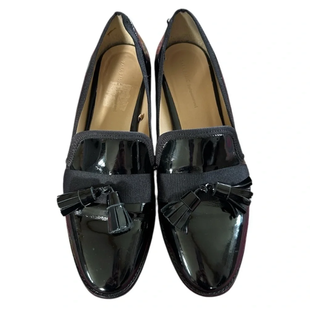 Zara | Women’s Elegant Black Patent Tassel Loafers Low Heel, Euro Size 38 US 7.5